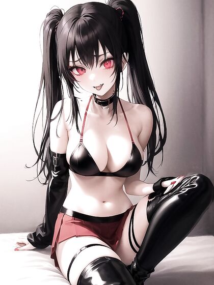 Cute Gothic Girl 18+ with Neon Red Pigtails Teasing in Thigh-High Boots and Ripped Clothes