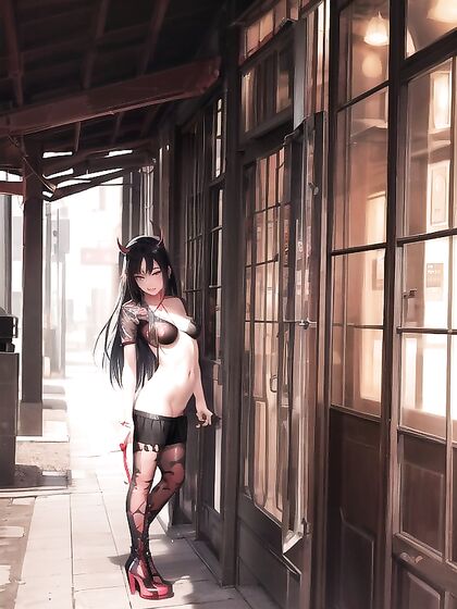 Cute Gothic Girl 18+ in Neon Red and Black Pigtails Teased in Thigh-High Boots and Devil Horns