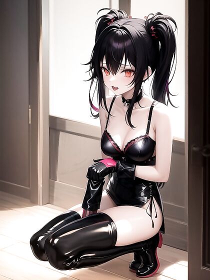Cute Gothic Girl 18+ with Neon Red Pigtails Licks Fingers in Tattered Outfit and Thigh-High Boots
