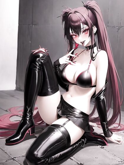 Cute Goth Chick with Neon Red Pigtails Licks Fingers While Kneeling in Thigh-High Boots