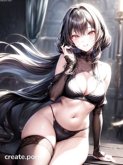 Seductive Woman with Long Black Hair Licking Screen in Hentai Fantasy