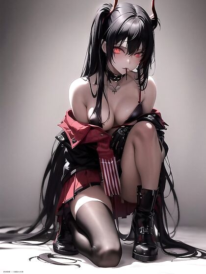 Cute Gothic Girl 18+ with Neon Red Pigtails Teased in Shredded-Outfit Licking Fingers Devilishly