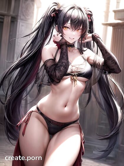 Seductive Woman with Long Black Hair and Heterochromia in Steaming Hentai AI Image