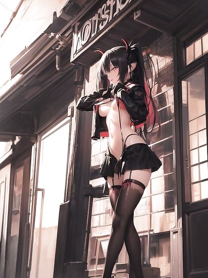 Cute Gothic Chick in Neon Red and Black Pigtails Teases in Thigh-High Boots and Devil Horns