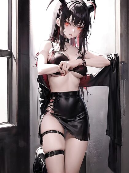 Cute GothGirl 18+ with Neon Red and Black Pigtails Teases in Tattered Clothes and Thigh-High Boots