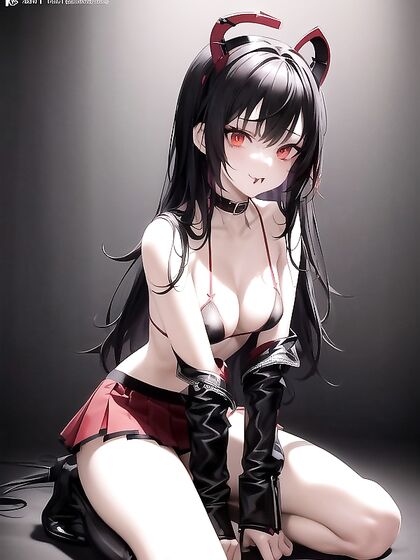 Cute Goth Girl 18+ with Neon Red and Black Pigtails Teasing in Thigh-High Boots and Devil Horns