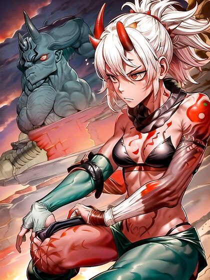 Sultry Oni Demon Stands Amidst Ashen Dunes at Sunset in Seductive Outfit