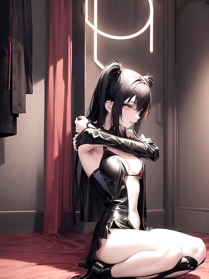 Cute Gothic Chick with Neon Red Pigtails Teasing in Thigh-High Boots and Devil Horns