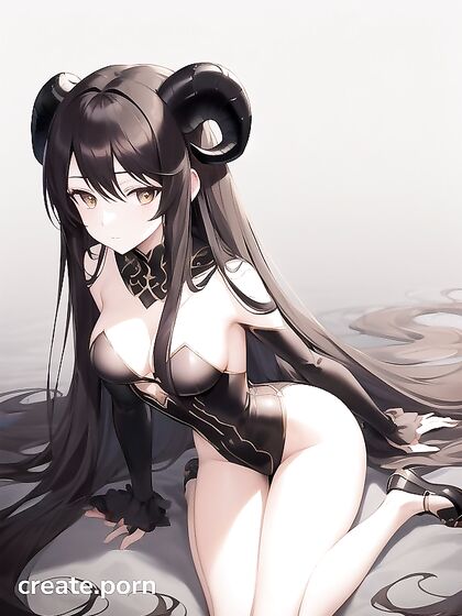 Black Sheep Horns and Medium Black Wings at the Waist in Steamy Hentai AI Image