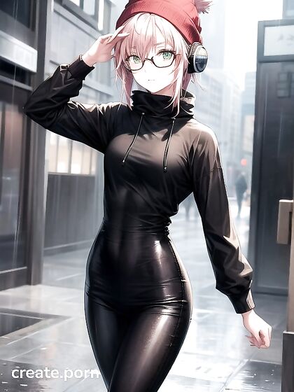 Big-Chested Girl 18+ in Green Outfit and Round Glasses Takes Off Her Huge Jacket for Horny Hentai AI Image