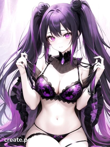 Goth Girl 18+ with Crystal Horns and Twintails Seduces in Black Lace Lingerie Against Galactic Backdrop