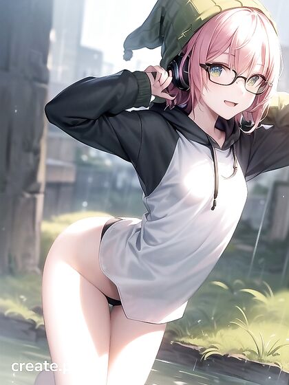 Big-Round-Glasses Chick in Green Outfit Takes On Steamy Hentai AI Image