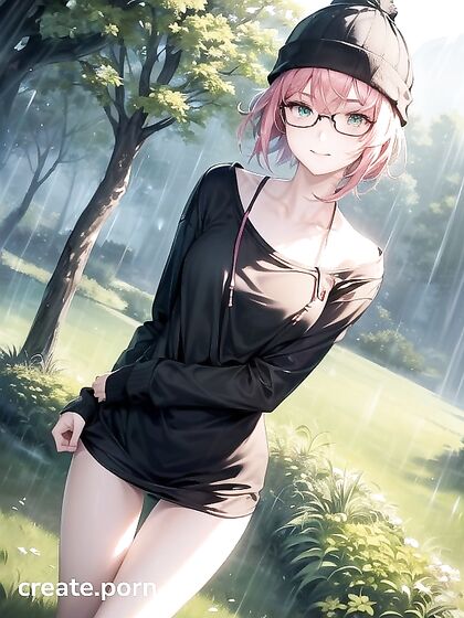 Horny Girl 18+ with Big Round Glasses and Green Outfit in naughty Hentai AI Image