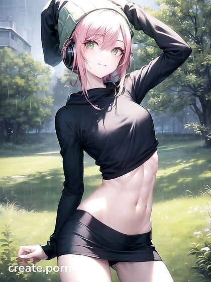 Horny Babe in Big Round Glasses and Green Outfit Seduces in Hentai AI Image
