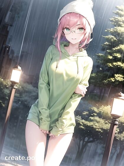 Horny Girl 18+ in Big Round Glasses and Green Outfit Takes on Hentai Desires