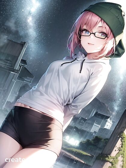 Horny Girl 18+ with Big Round Glasses and Green Outfit in Seductive Hentai AI Image