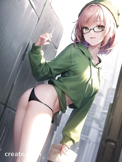 Horny Girl 18+ in Big Round Glasses and Green Clothes Takes On Steamy Hentai AI Image