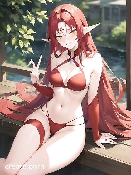 Lamia with Yellow Eyes and Red Elf Ears in Seductive Hentai AI Image