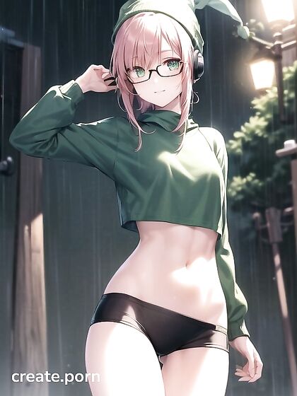 Horny Babe in Big Round Glasses and Green Outfit Seduces in Hentai AI Image