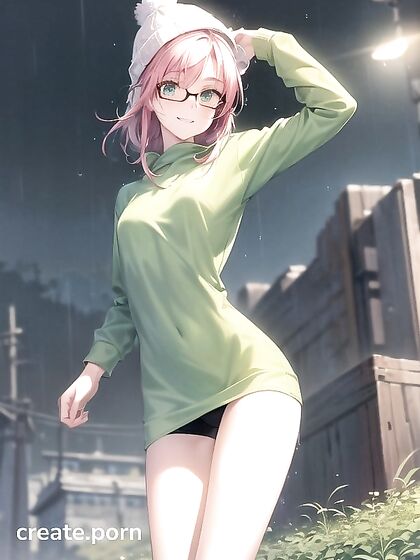 Horny Babe in Big Round Glasses and Green Outfit Seduces in Steaming Hentai AI Image