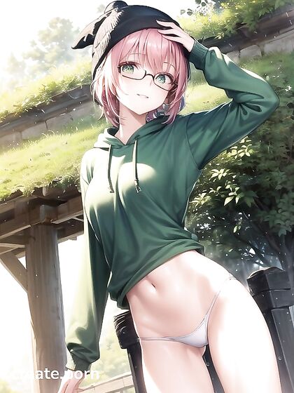 Big-Round-Glasses Lady in Green Outfit Seduces in Steaming Hentai AI Image