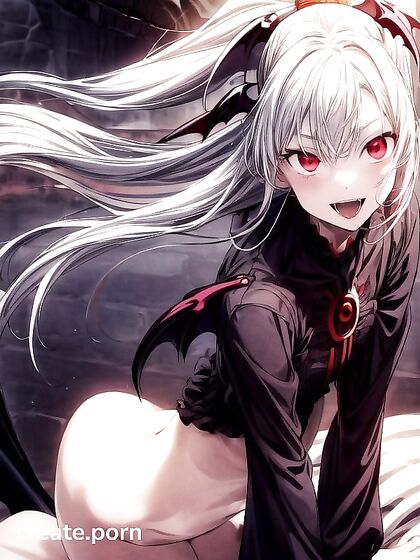 Vampire With White Hair Stares Seductively at Viewer in Erotic Hentai AI Image