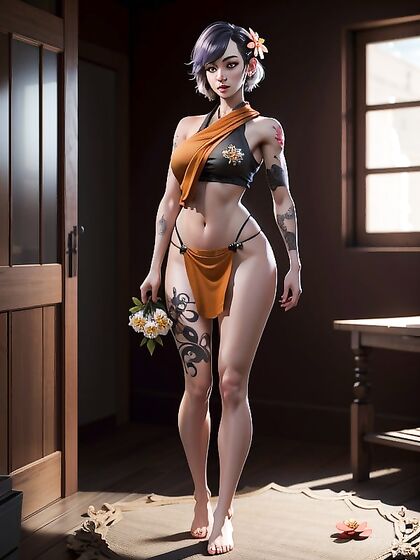 Thigh and Hip Tattoo Revelations - A Seductive Sitting Pose in Hentai AI Image