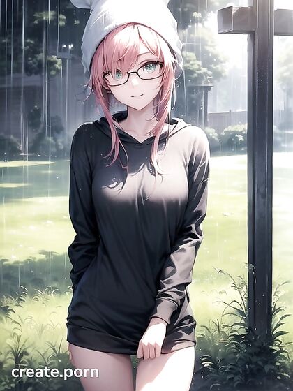 Horny Girl 18+ in Big Round Glasses and Green Outfit Seduces in Hentai AI Image