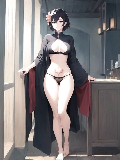 Bare-Footed Babe with Thick Thighs and Short Black BobCut inSTEAMY Hentai AI Image