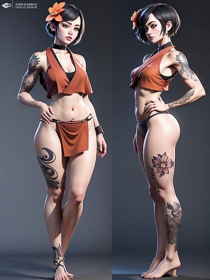 Choker-Wearing Babe with Flower Tattoos and Short Bobcut in Steamy Hentai AI Image