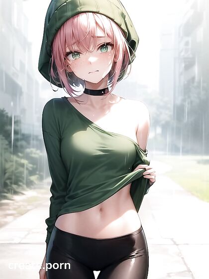 Freckled Beauty in Green Clothing Wears Oversized Hoodie for Steamy Hentai AI Image