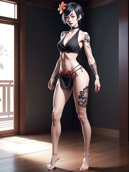 Short-Stature Beauty Shows Off Flower Tattoos and Bare Feet in Full-Body hentai Pleasure