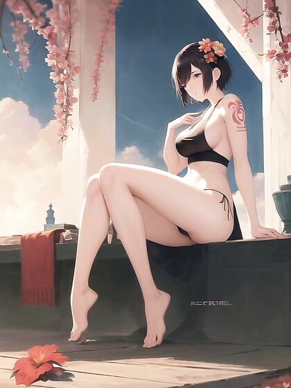 Bare-Footed Beauty with Floral Tattoo Poses Seductively in Hentai AI Image