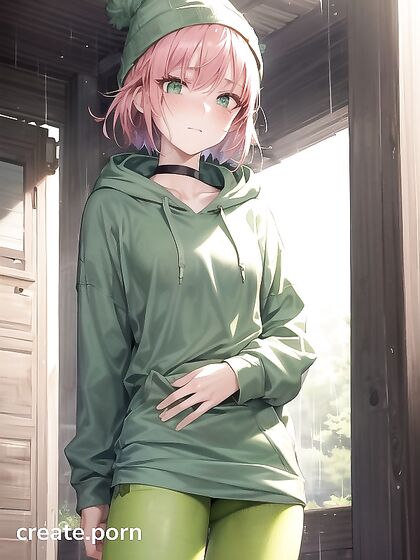 Freckled Beauty in Green Clothing and XL Hoodie Seduces in Hentai AI Image