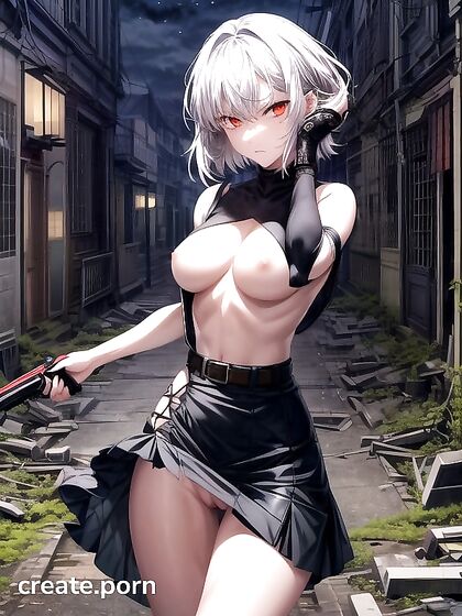 Girl 18+ Navigates Dark Colors Amid CityRuins in Seductive Hentai AI Image