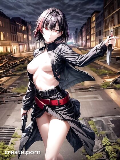 Girl 18+ Wields Knives and Guns in Dark World Hentai AI Image