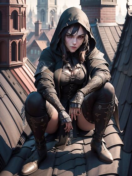 Victorian-Era Beauty in Loose Clothing Crouches Seductively on Rooftop Hentai