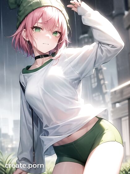 Freckled Beauty in Extra Large Green Hoodie Seduces in Steaming Hentai AI Image