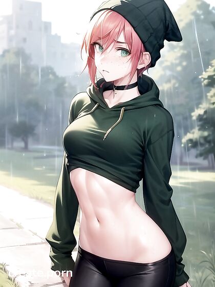 Freckled Beauty in Green Clothes and Oversized Hoodie for Steamy Hentai AI Image