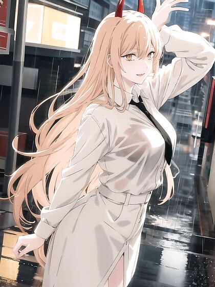 City Street Power Play - Puddles Reflecting Lights in Steaming Hentai AI Image