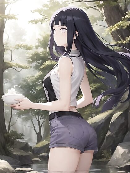 Hinata's Deep Indigo Hair and Pale Lavender Eyes Shine in Seductive Semi-Nude Hentai AI Image
