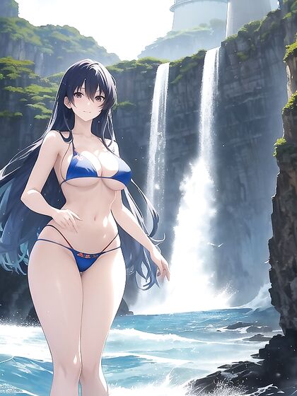 Ultra-Realistic Girl 18+ in Vibrant Bikini Admires Towering Lighthouse Amid crashing waves Hentai Porn