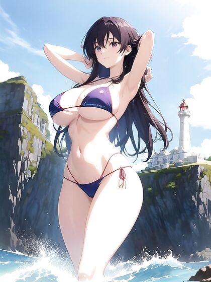 Ultra-Realistic Girl 18+ in Vibrant Bikini Admires Towering Lighthouse Amid crashing Waves Hentai