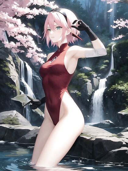 Sakura Pleasured by Mist Amidst Watchful Ancient Stone Statues in Horny Hentai AI Image