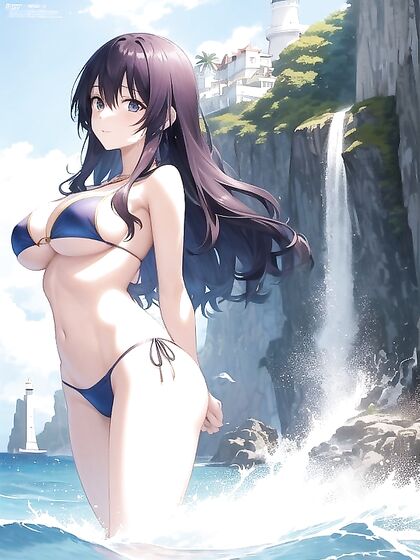 Ultra-Realistic Girl 18+ in Vibrant Bikini Pierces the Twilight Sky with Beam Amidst crashing waves