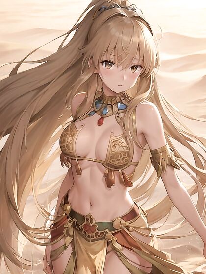 Hazel-Eyed Beauty Draped in Tribal Fabrics Seduces Amidst the Golden Desert Sands Hentai Hentai AI Image