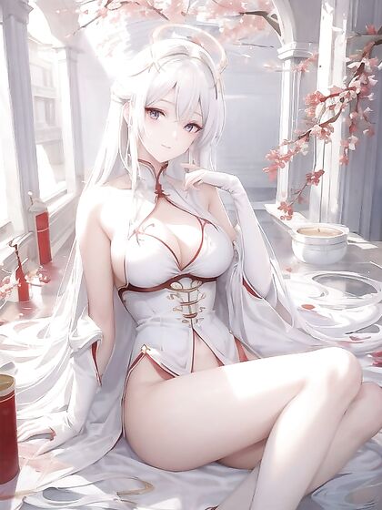 White-Haired Beauty with Red Halo Reigns Supreme in Intense Hentai AI Image