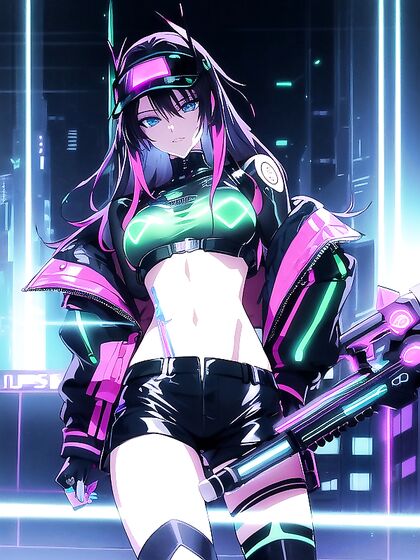 Neon-Lit Cyberpunk Girl 18+ Wielding Futuristic Weapon in Sexy Hentai AI Image