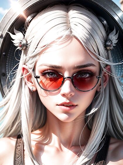 White-Haired Babe with Red Halo and Sunglasses Topple Your fantasies in Hentai AI Image