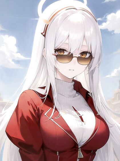 White-Haired Beauty with Red Halo Bangs in Seductive Hentai AI Image